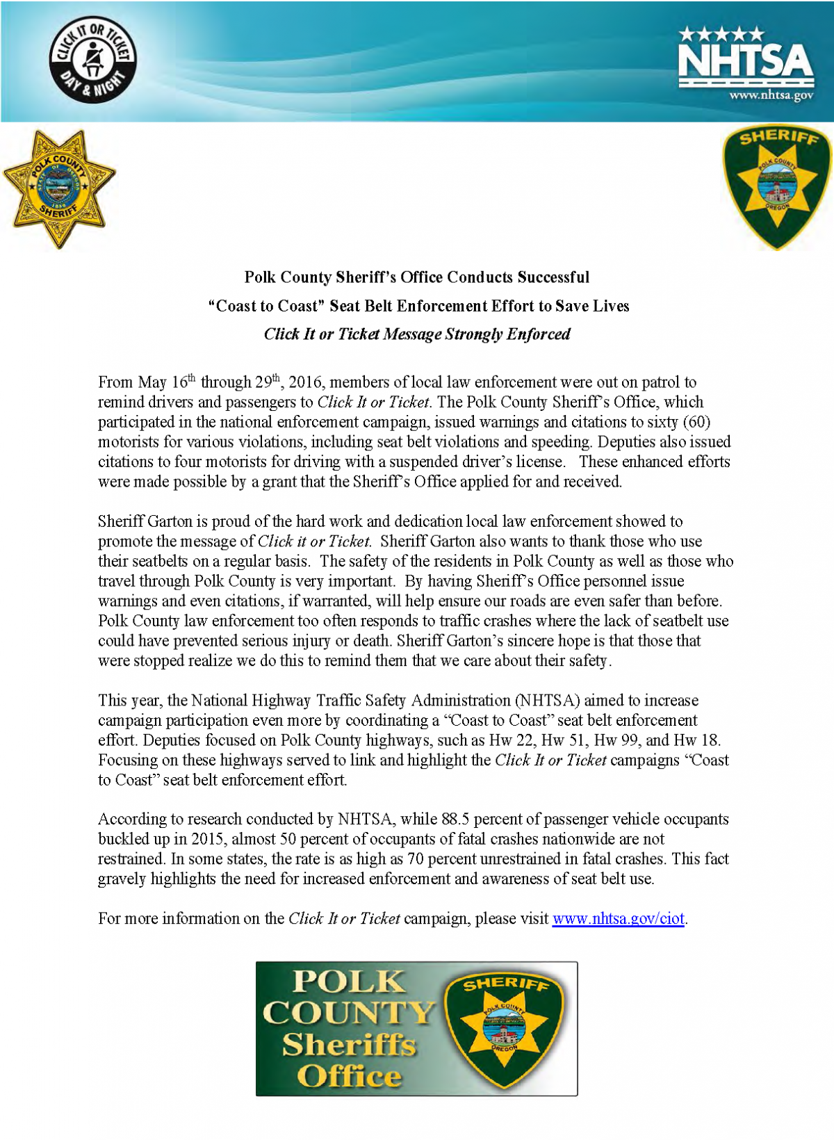 Coast to Coast Click It or Ticket Press Release